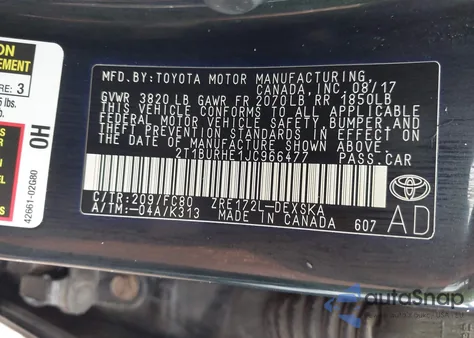 2018 Toyota Corolla Se from USA, damaged, VIN 2T1BURHE1JC966477
